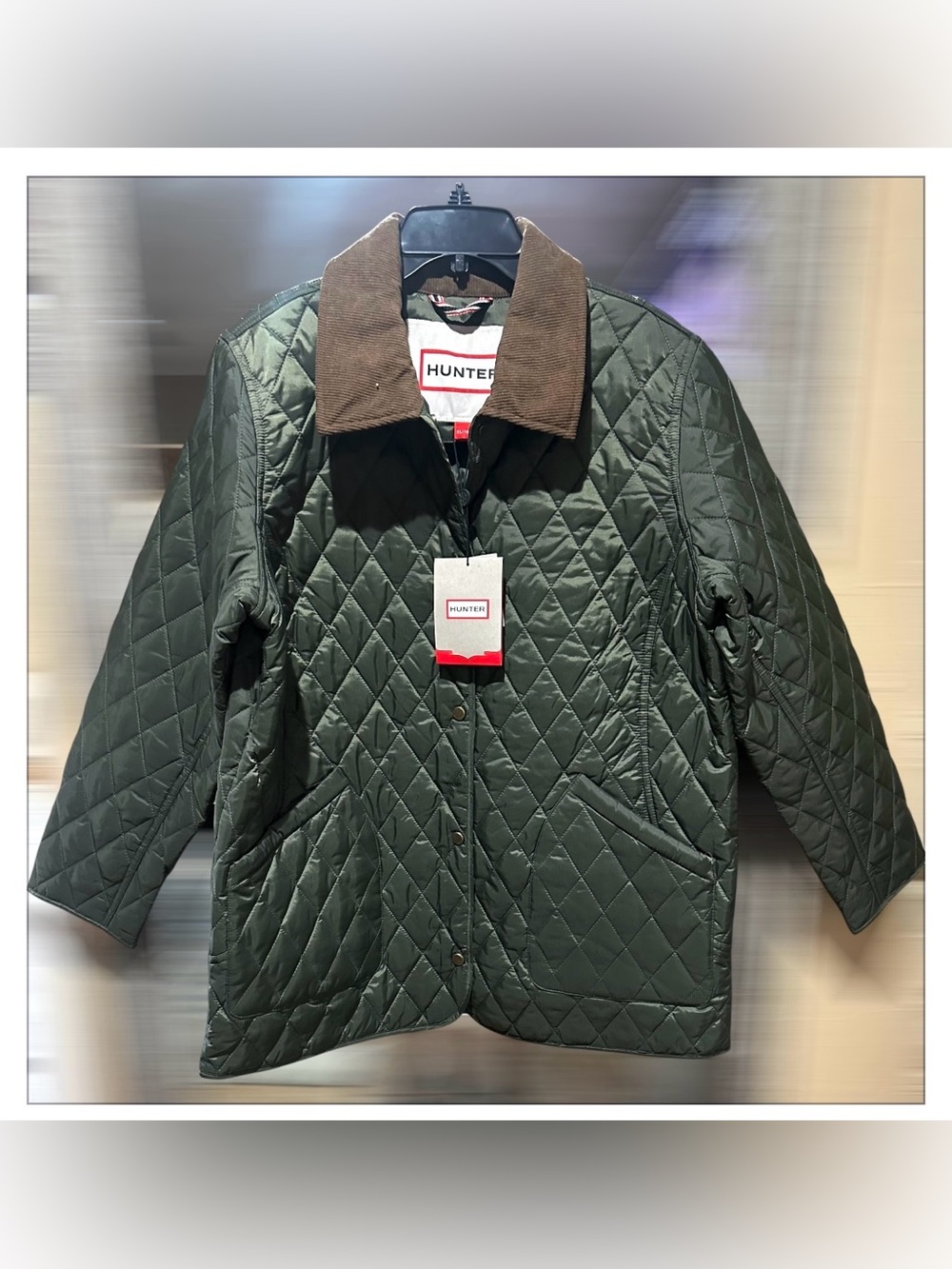 Hunter Olive Green Quilted Women’s Jacket with Brown Collar - Size XL